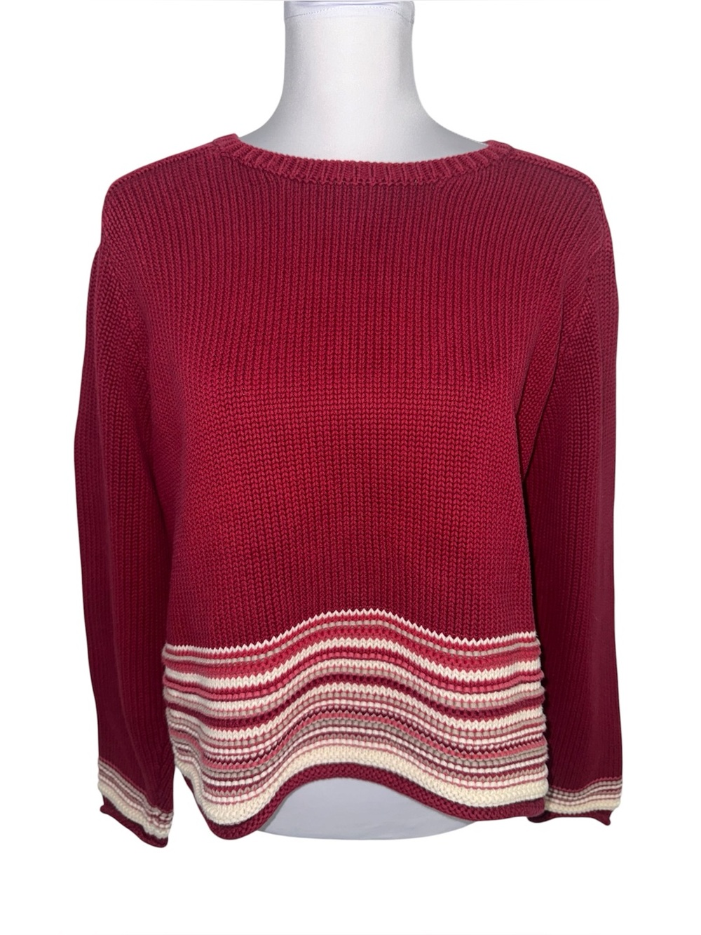 L.L. Bean Womens Large Maroon Cotton Knit Sweater Cropped Striped Hem‎ Crewneck